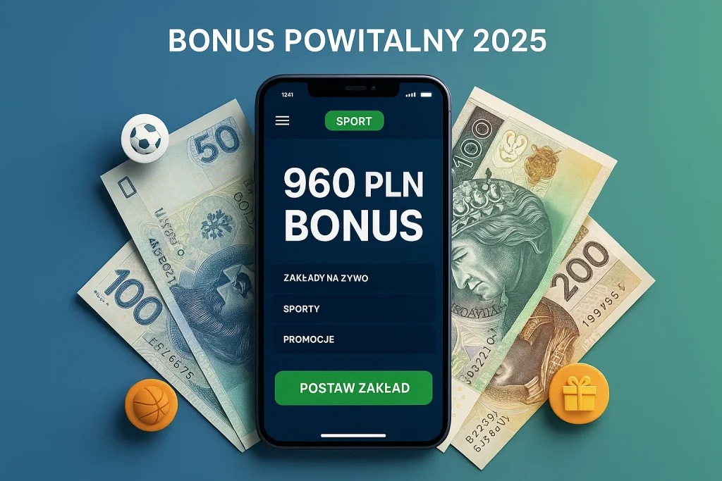 Bonus powitalny u nowych bukmacherów w Polsce 2025 - smartfon z aplikacją bukmacherską i bonusem 960 złotych