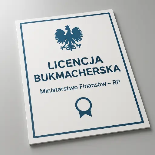 Oficjalna licencja bukmacherska wydana przez Ministerstwo Finansów w Polsce z pieczęcią i hologramem bezpieczeństwa