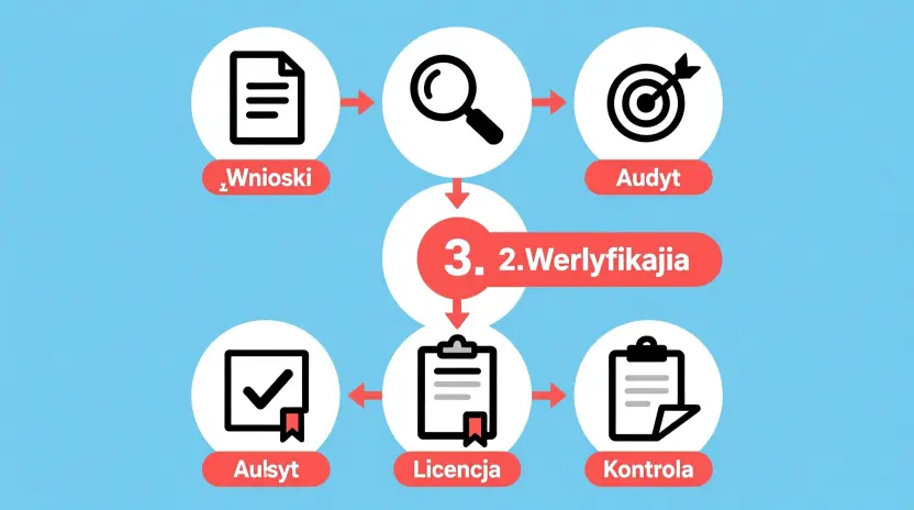 Infografika przedstawiająca 5 etapów procesu licencjonowania bukmacherów przez Ministerstwo Finansów: wniosek, weryfikacja, audyt, licencja i kontrola