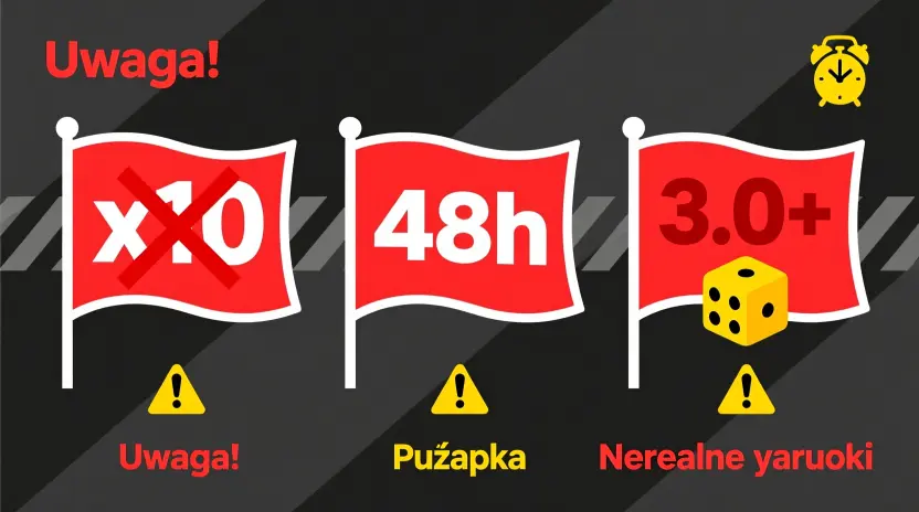 Czerwone flagi w bonusach bukmacherskich - ostrzeżenia przed wysokim rollovrem x10, krótkimi terminami 48h i wymaganiem kursów 3.0