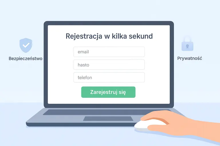 Formularz rejestracyjny bukmachera online na ekranie laptopa z polami do wypełnienia